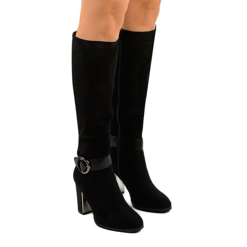 Czarne botki na słupku z eko-zamszu Aebanise