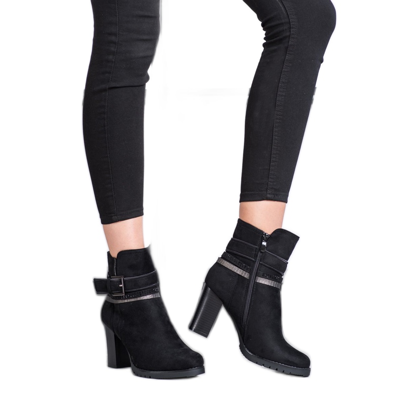 Queentina Eleganckie Botki Z Zamszu czarne srebrny