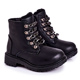 Dziecięce Ocieplane Traperki Eko Skóra Łańcuch Czarne Rock&Roll