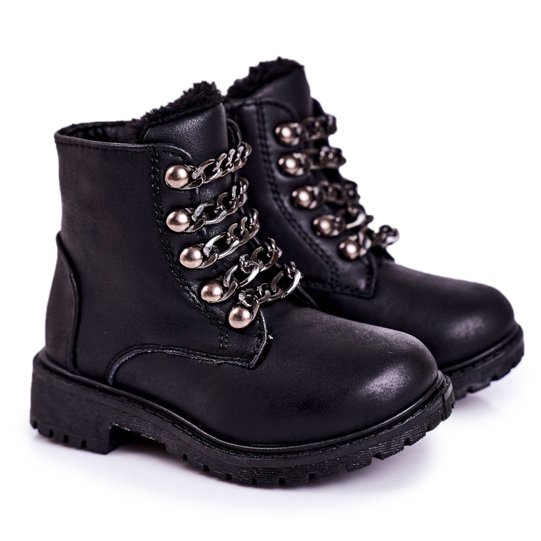 Dziecięce Ocieplane Traperki Eko Skóra Łańcuch Czarne Rock&Roll