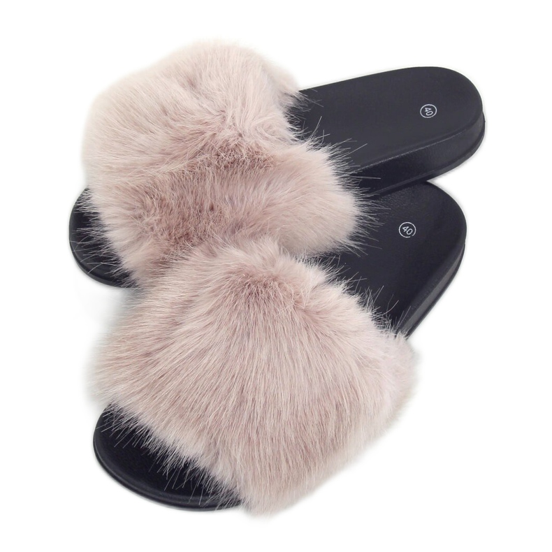 Klapki z futerkiem beżowe CK107P Beige beżowy