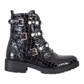 Super Me Lakierowane Workery Snake Print czarne