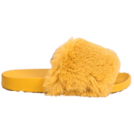 Bona Modne Klapki Z Futerkiem żółte