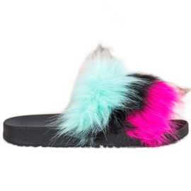 Bona Kolorowe Klapki Z Futerkiem wielokolorowe