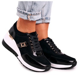 S.Barski Damskie Skórzane Sneakersy Na Koturnie Czarne Złote Roxette złoty