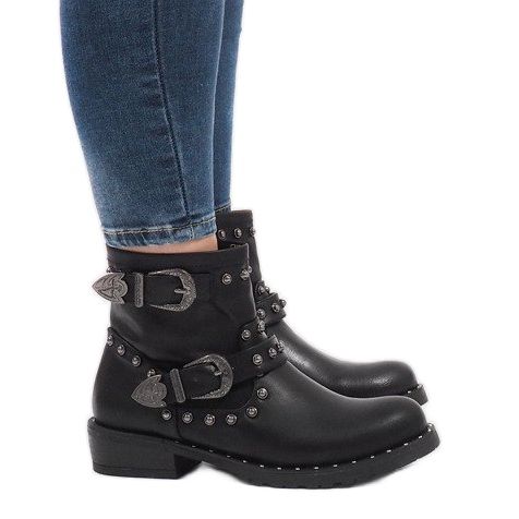 Czarne botki z klamrami i cekinami A8018