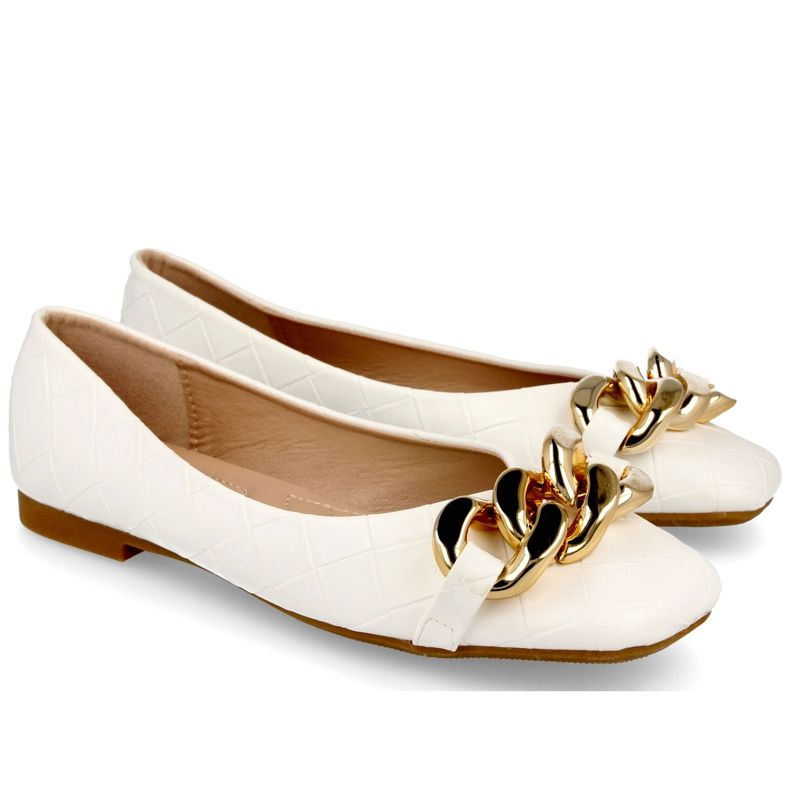 PS1 Eleganckie Pikowane Baleriny Z Łańcuchem Białe Coco