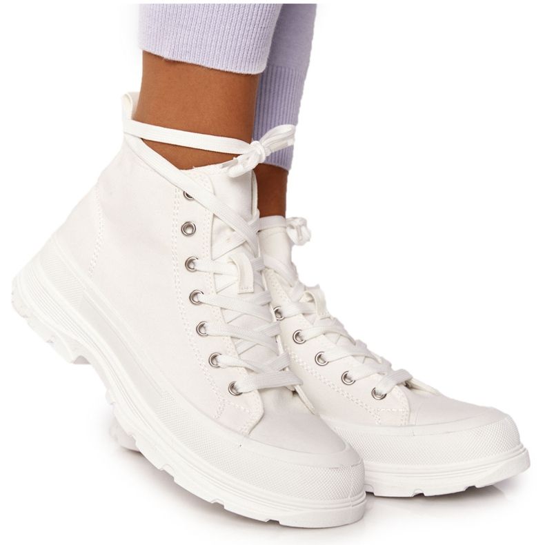 FB2 Damskie Wysokie Trampki Na Dużej Podeszwie Białe Trissy