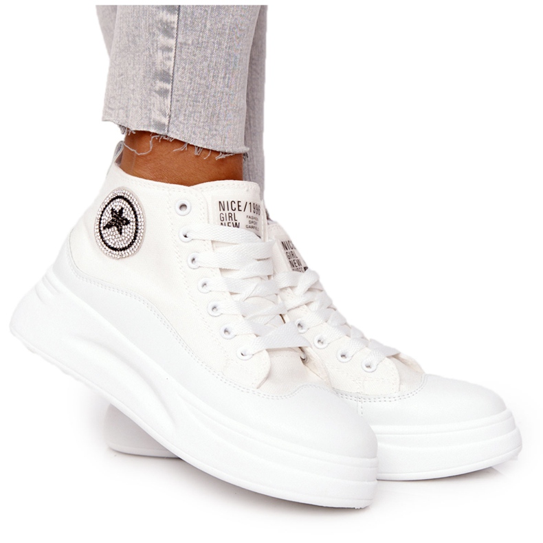 Damskie Wysokie Trampki Na Platformie Białe Nice Girl