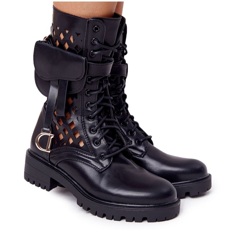 PS1 Ażurowe Botki Z Nerką Czarne Rock Star