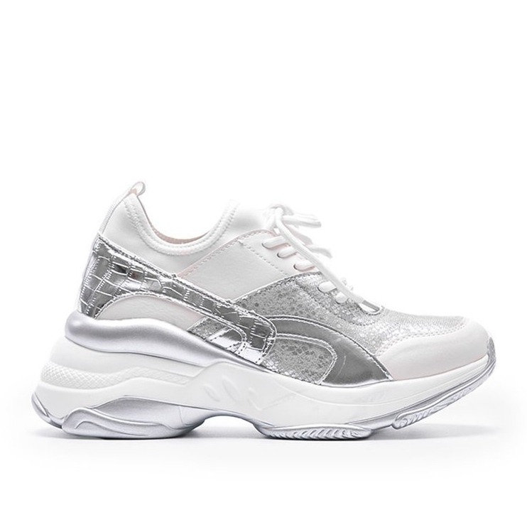 Biało srebrne sneakersy na grubej podeszwie Lea białe