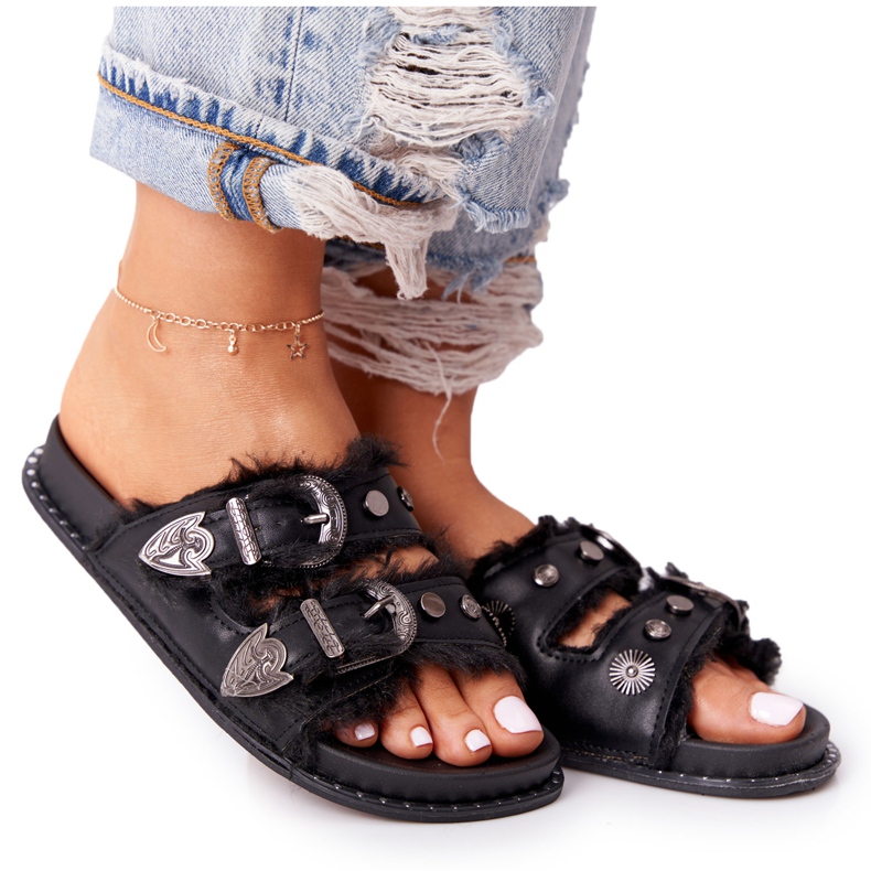 PS1 Klapki Z Klamrami I Futerkiem Czarne Lydia