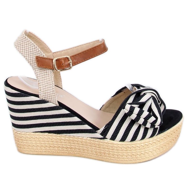 Sandałki na koturnie w paski czarne A89907 Black beżowy brązowe