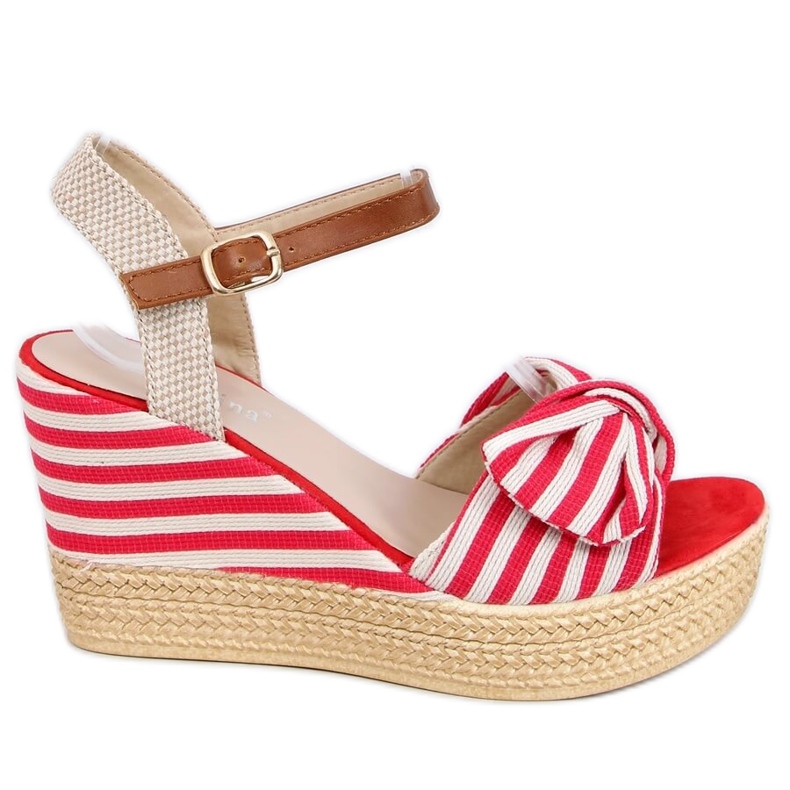 Sandałki na koturnie w paski czerwone A89907 Red beżowy brązowe
