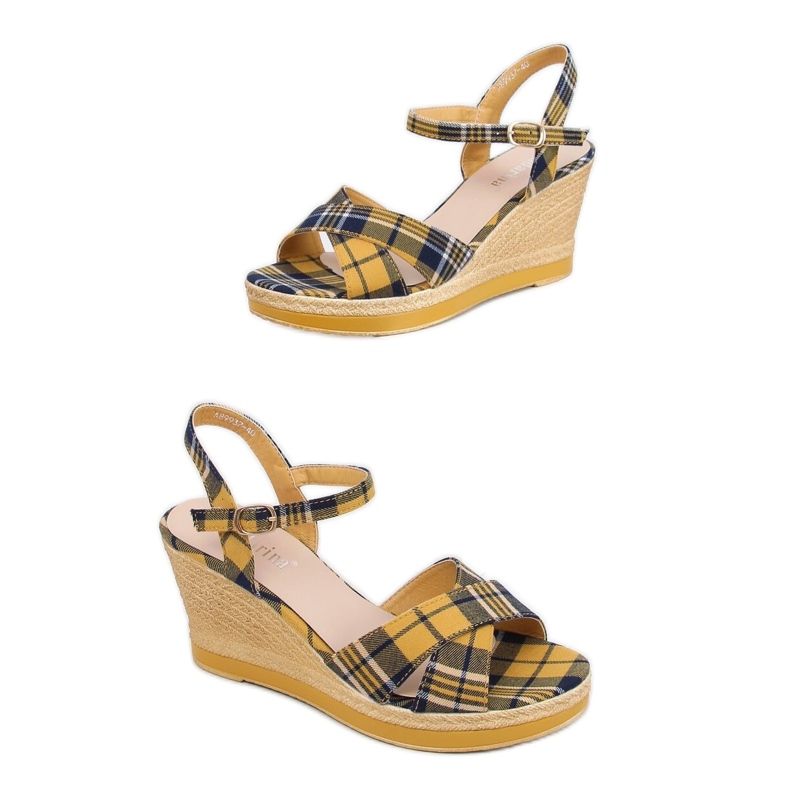 Sandałki na koturnie w kratkę żółte A89937 Yellow