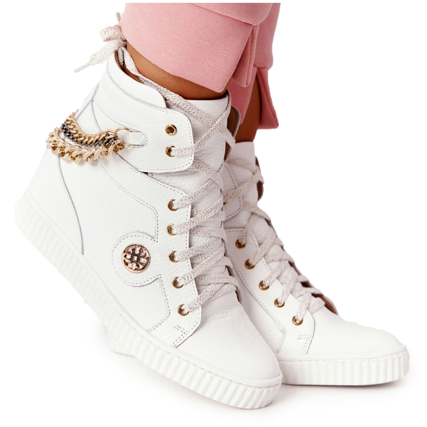 Skórzane Sneakersy Na Koturnie Lewski Shoes 3004-0 Białe