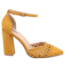 Czółenka na obcasie odkryte miodowe 1JB-19228 Yellow żółte