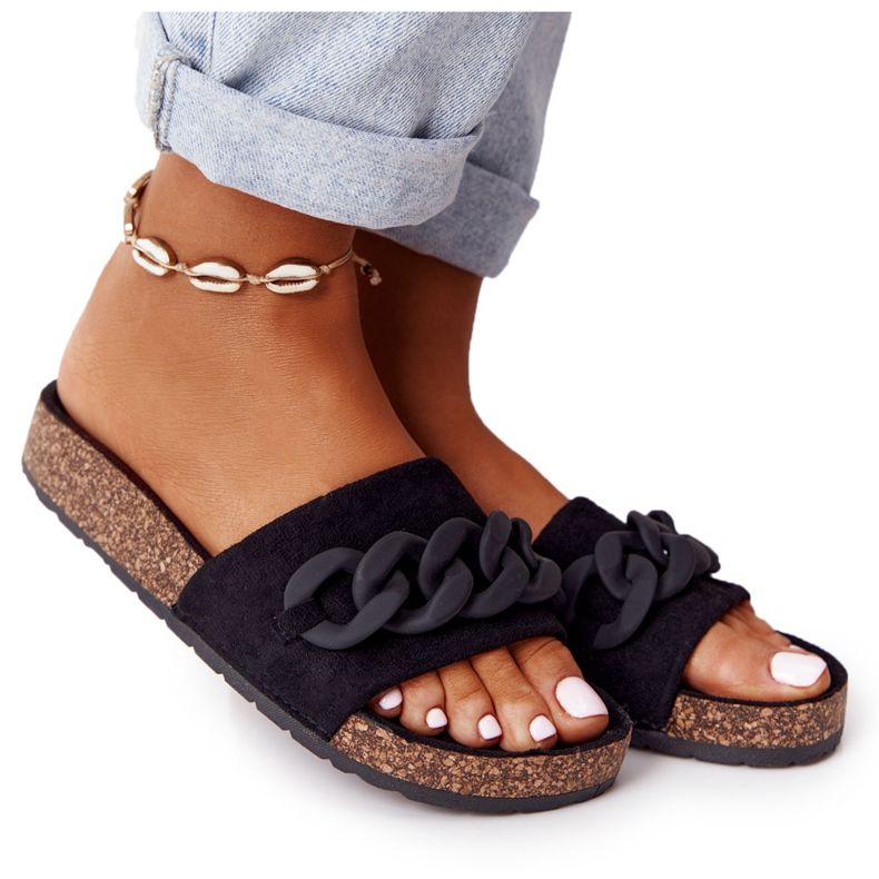 MSMG Zamszowe Klapki Na Korkowej Podeszwie Czarne Makayla