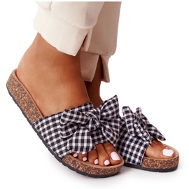 MSMG Klapki Na Korkowej Podeszwie Z Kokardą W Kratę Amara białe czarne