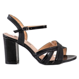 SHELOVET Brokatowe Sandałki Na Obcasie czarne