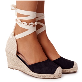 PG1 Wiązane Sandały Na Koturnie Z Plecionką Czarne Nelly beżowy