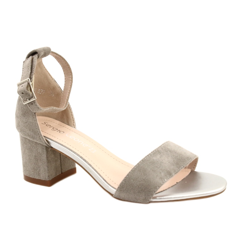 Sergio Leone Sandały na niskim słupku eko zamszowe SK839 srebrne srebrny