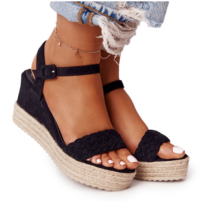 PS1 Sandały Na Koturnie Z Plecionką Czarne Baleary