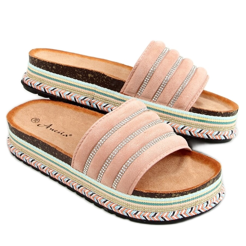 Klapki na zdobionej podeszwie różowe N-96 Pink