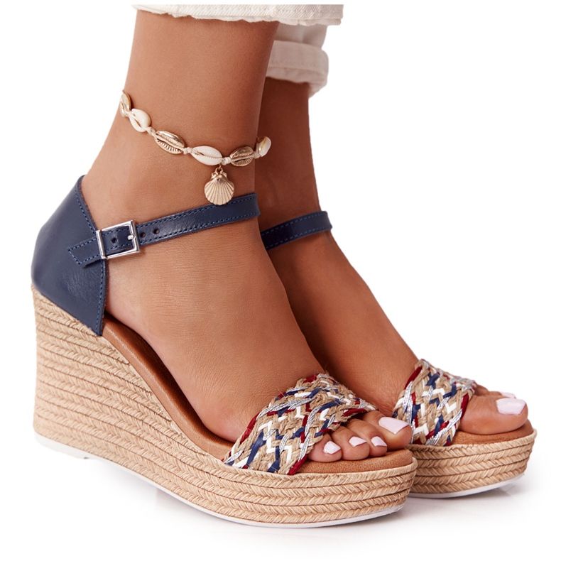 Skórzane Sandały Na Koturnie Maciejka L4869-17 Granatowe