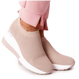 Ażurowe Sneakersy Slip-On Na Koturnie Beżowe HO248 Harmony beżowy