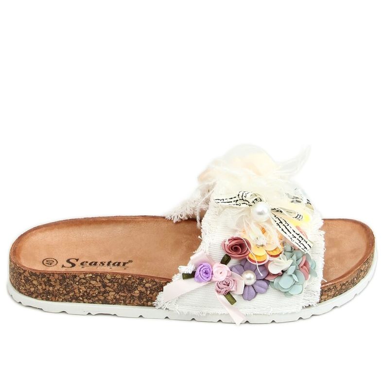 Korkowe klapki z kwiatami białe BG61P White