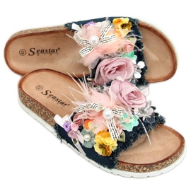 Korkowe klapki z kwiatami granatowe BG61P Dark Blue wielokolorowe