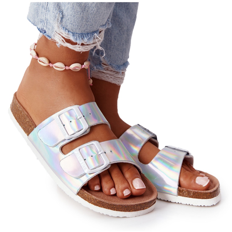 Skórzane Profilowane Klapki Big Star HH274895 Srebrne srebrny