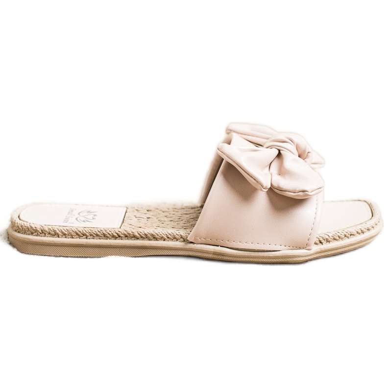 Small Swan Klapki Z Eko Skóry Z Kokardą beżowy