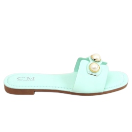 Klapki z perełkami miętowe 55-37 LT.GREEN zielone