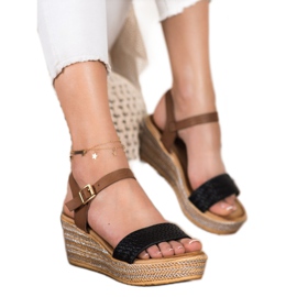 Bona Modne Sandałki Na Koturnie brązowe czarne