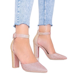 Różowe błyszczące czółenka na słupku Mily złoty