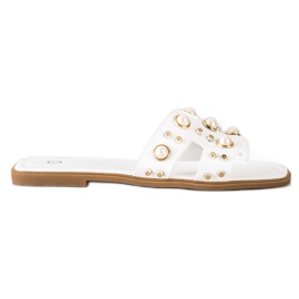 SHELOVET Modne Klapki Z Dżetami białe