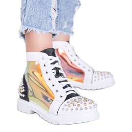 Biało czarne transparentne botki z ćwiekami Lea białe