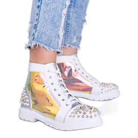 Biało srebrne transparentne botki z ćwiekami Lea białe srebrny