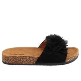 Klapki korkowe z kwiatami czarne 620-73 Black