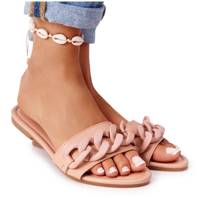 PS1 Skórzane Klapki Z Łańcuchem Camel Step By Step khaki