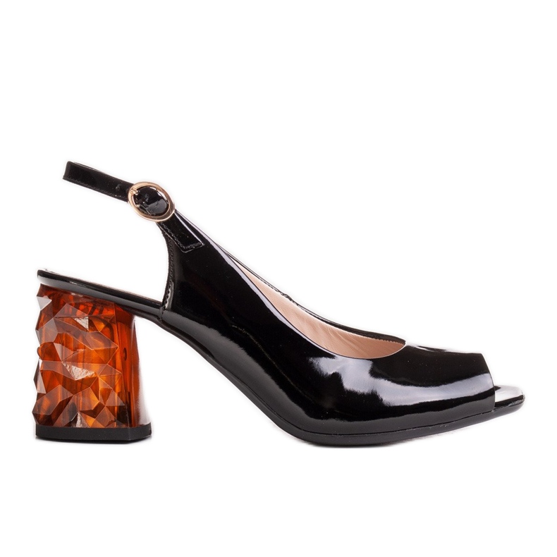 Marco Shoes Lakierowane sandały czarne z bursztynowym obcasem 3D