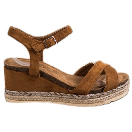 SHELOVET Sandałki Na Koturnie Z Zamszu brązowe