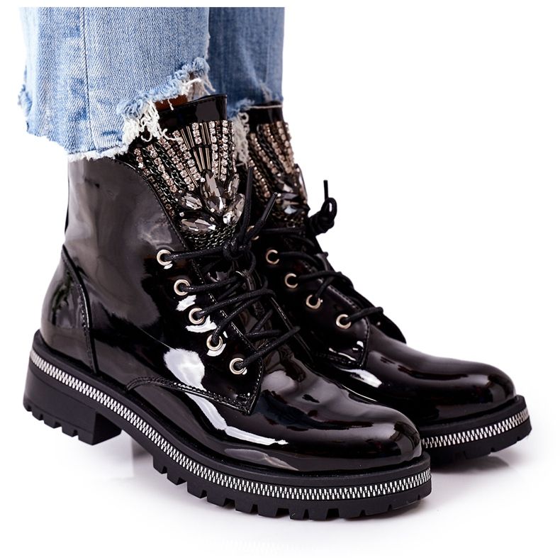 Lakierowane Ocieplane Workery Z Cyrkoniami Czarne Attention