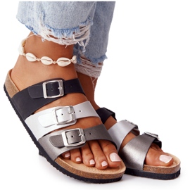 Skórzane Profilowane Klapki Big Star HH274588 Czarno-Srebrne czarne srebrny