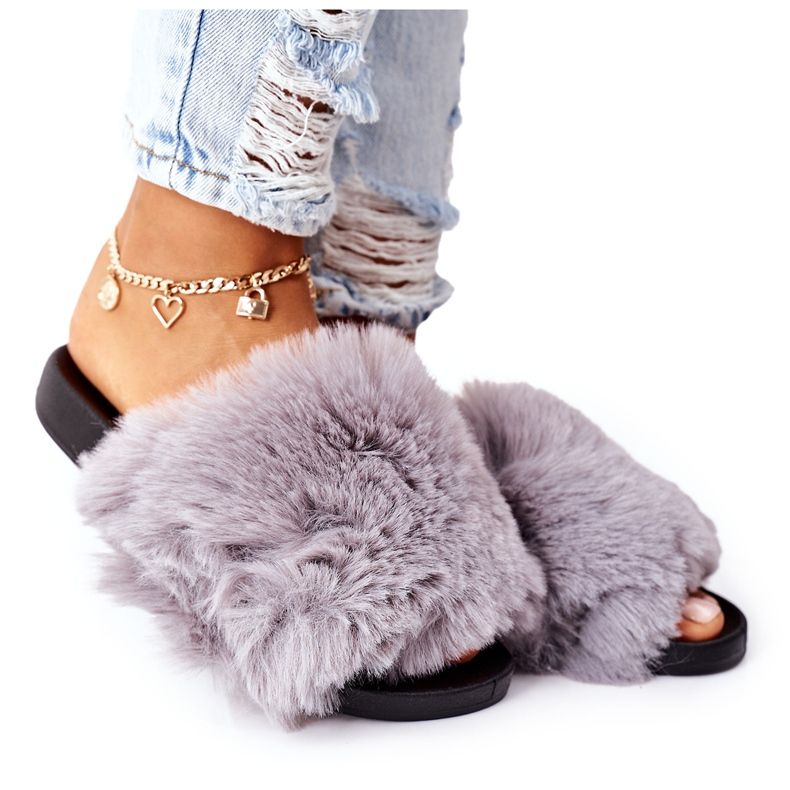 FJ1 Gumowe Klapki Z Futerkiem Szare Soft