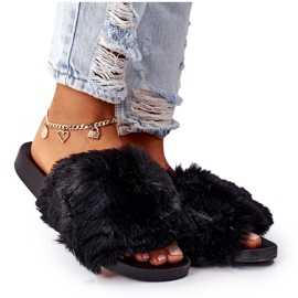 FJ1 Gumowe Klapki Z Futerkiem Czarne Soft