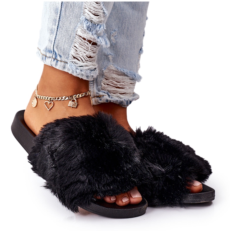 FJ1 Gumowe Klapki Z Futerkiem Czarne Soft