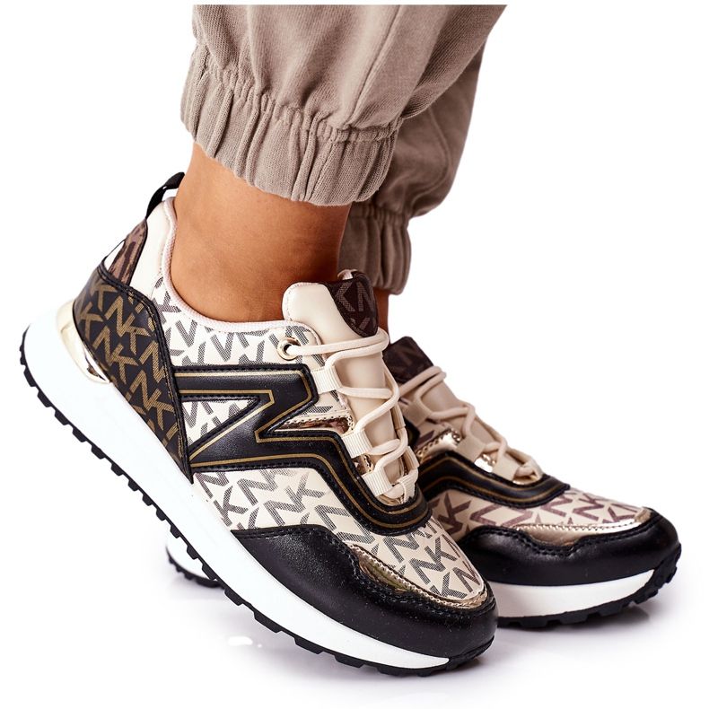 Logowane Sportowe Buty Sneakersy Beżowo-Czarne Always beżowy